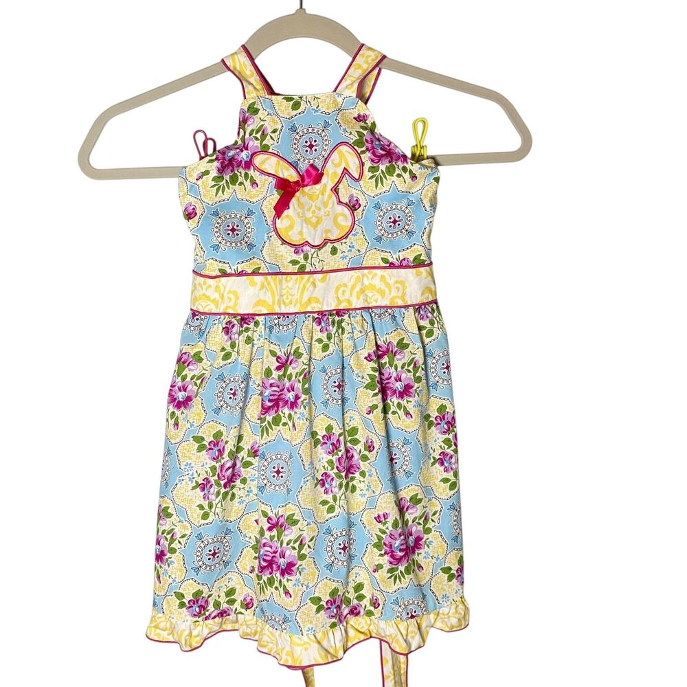 AnnLoren By Jess kids Girls Dress Bunny Easter Floral Pink Yellow Blue Size 7 8
